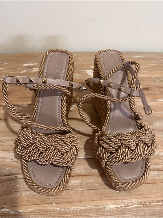 Valentino Garavani Shoes - Valentino Garavani Tan Braided Rope Wedge Rockstud Sandals with Studded Straps